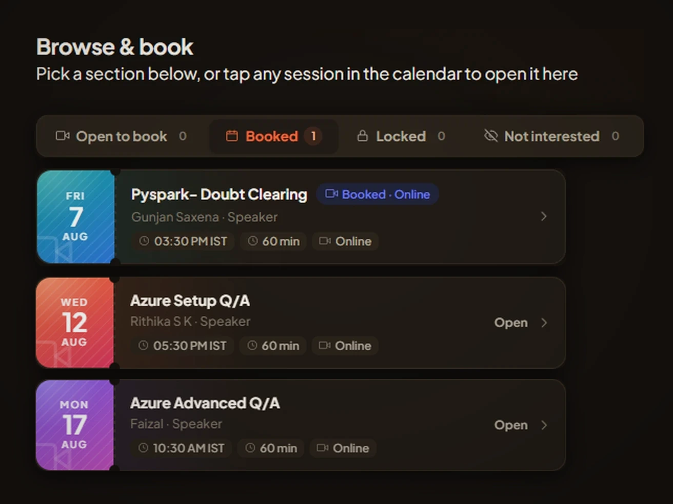 Booking a Live Q and A doubt clearing session inside the platform, showing the session name, the speaker taking it, the start time, how long it runs and that it is online