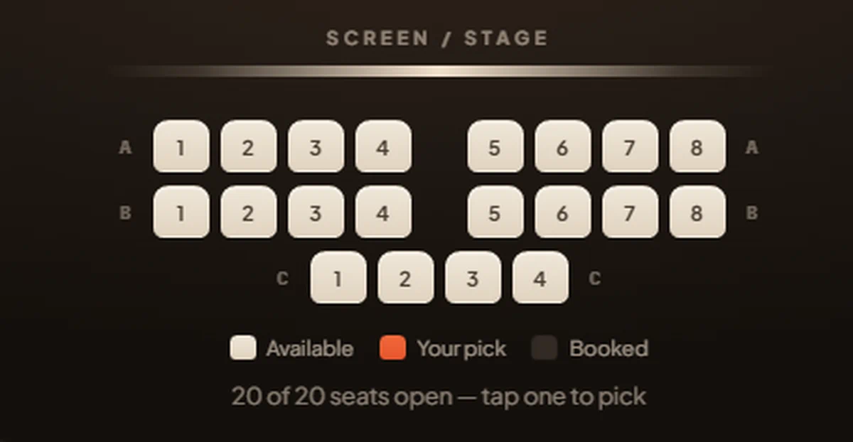 The seat map for an offline masterclass, showing three rows of numbered seats facing the stage, which of them are free and which are taken, and how many places are left